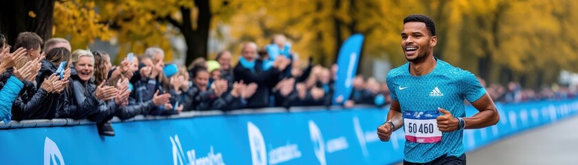 A runner smiles while crossing the finish line, cheered on by an enthusiastic crowd.