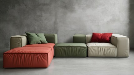Modern modular sofa in muted tones against a concrete wall.