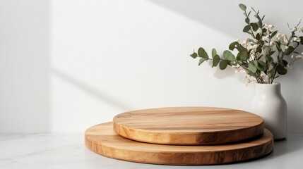 Elegant wooden serving boards with a simple vase and greenery against a light wall.