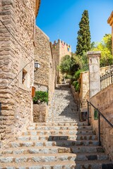 Stone stairway to medieval castle in Mallorca, Spain