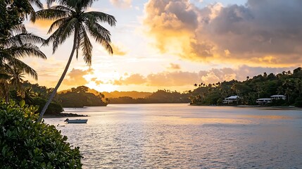 Obraz premium Sunset Paradise: A serene lagoon nestled amongst lush tropical foliage, with a vibrant sunset painting the sky in hues of gold and pink. A lone boat peacefully rests on the tranquil waters.