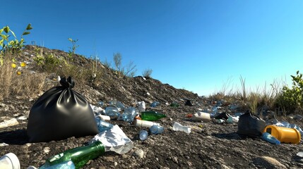 Litter and waste scattered across a barren landscape under blue sky.