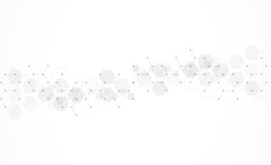 Hexagons pattern on gray background. Genetic research, molecular structure. Chemical engineering. Concept of innovation technology. Used for design healthcare, science and medicine background