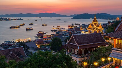 Obraz premium Sunset over Coastal Town: A picturesque coastal town at sunset, featuring traditional architecture, numerous boats on the calm water, and a breathtaking view of the surrounding hills.