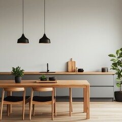 Modern kitchen interior with wooden furniture and plants in a bright, stylish setting.