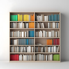 Fototapeta premium modern bookshelf filled with books of various sizes and colors, showcasing vibrant arrangement of spines. organized display adds touch of elegance to any space