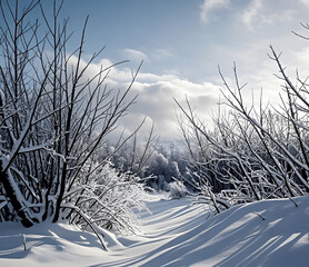 Winter panorama landscape with a snow-covered forest and trees at sunrise. A winter morning marking the beginning of a new day. Winter landscape with sunset, panoramic view