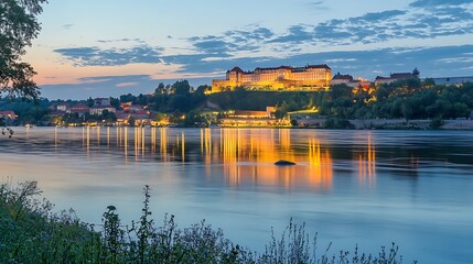Naklejka premium Stunning view of a historic fortress illuminated on a riverbank at twilight with reflections.