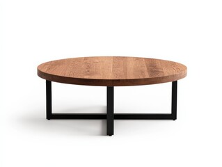 Modern round wooden coffee table with black metal legs, ideal for stylish interiors.