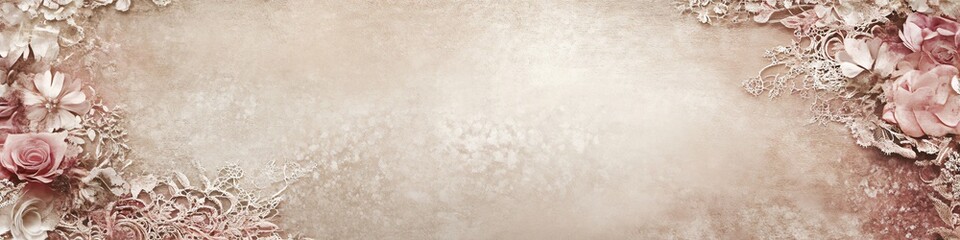 Fototapeta premium Vintage blush floral banner with elegant roses and lace accents on a soft beige