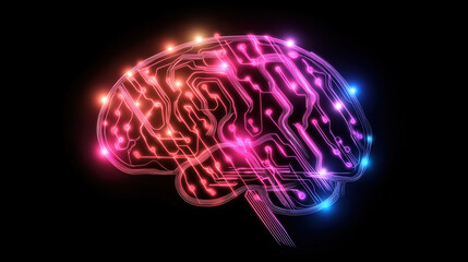 Obraz premium A vibrant, digital representation of a brain, showcasing circuitry and colorful lights that symbolize technology and intelligence.