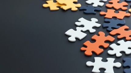 Obraz premium Colorful puzzle pieces scattered on a dark background creating a playful and creative atmosphere for games, teamwork, and cognitive development concepts in photography.