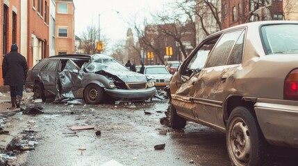 Naklejka premium Aftermath of a Serious Car Accident on a City Street Winter Day