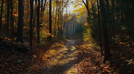 Fototapeta premium Sunlit autumn path through forest, leaves, trees, shadows.