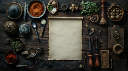 Culinary preparation scene kitchen food photography rustic environment overhead view recipe creation ideas