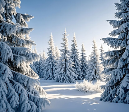 Winter panorama landscape with a snow-covered forest and trees at sunrise. A winter morning marking the beginning of a new day. Winter landscape with sunset, panoramic view - Powered by Adobe