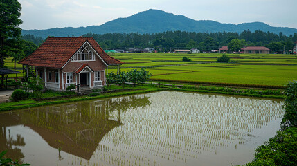 Fototapeta premium Rice Paddy Landscape with Country House