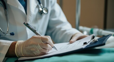 Male doctor in white coat writing on clipboard in hospital setting