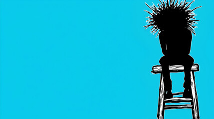 A silhouette sits on a stool against a vibrant blue background, characterized by wild, spiky hair, evoking a sense of rebellion and individuality.