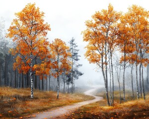 Fototapeta premium A photostock of an enchanting forest path covered in golden autumn leaves