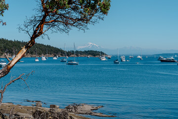 Boats off shore of Sucia Island in the San Juan Islands in the Pacific Northwest in Washington 