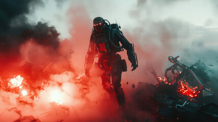 Fototapeta premium A mech pilot emerges from their towering machine on a chaotic battlefield, surrounded by smoke and glowing remnants of destroyed robots. The scene captures the intensity and aftermath of combat.