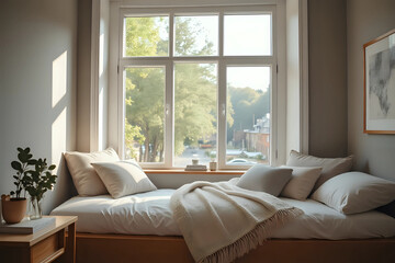 Home interior, cozy house room with blanket at window. Modern hygge design of relax place at windowsill, pillow decor for rest indoor. Nobody at comfortable sill with natural background
