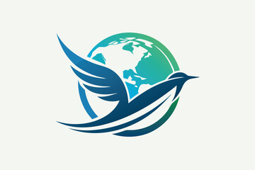 A logo showcases a stylized world map surrounded by wings, representing global unity and progress, A modern logo with a stylized world map and flying bird, minimalist simple modern vector logo design