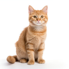 Adorable orange tabby kitten sitting with a curious expression on a white background