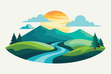 Gentle hills cradle a calm river as the sun sets, casting a warm glow over the peaceful landscape, A serene landscape with rolling hills and a calm river, minimalist simple modern vector logo design