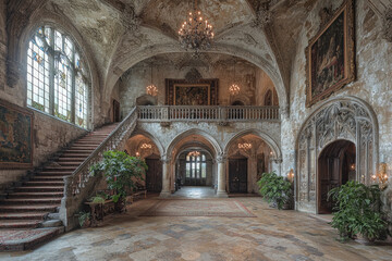 Obraz premium Grand decaying mansion foyer with staircase, tapestries, and arched doorways