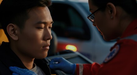 Asian male teen receives medical attention from female paramedic at scene