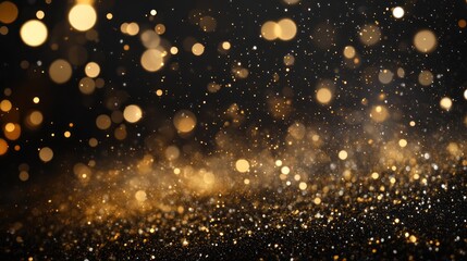 A shimmering background of golden particles and bokeh lights.