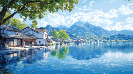 Obraz premium Serene Mountain Lake Village