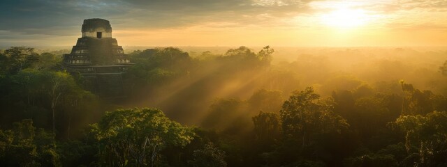 An awe-inspiring view of the sunrise over the temples of Tikal, Guatemala, Archaeological scene