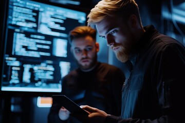 A software developer uses a digital tablet to review code while discussing errors with a colleague