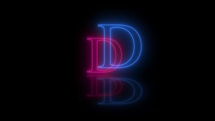 3d D letter neon blue pink flicker and flashes in black background