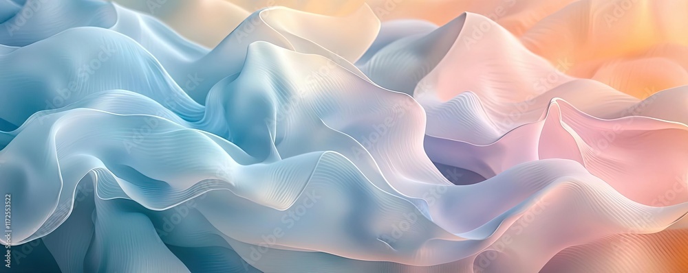 Poster Pastel abstract background idea. Abstract fabric waves in soft pastel colors creating a fluid motion and serene atmosphere.
