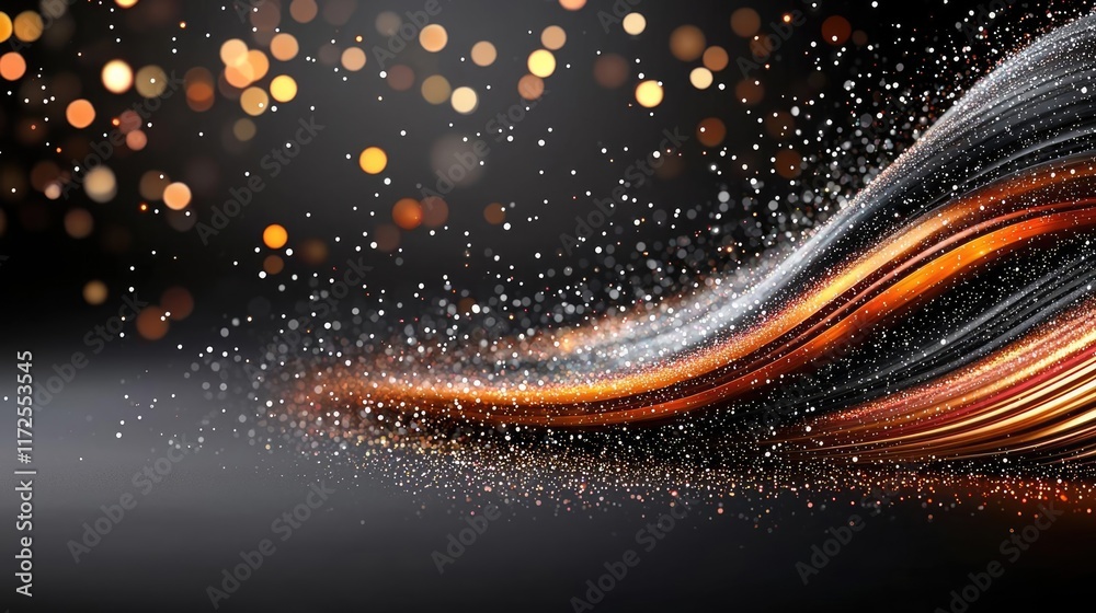Poster Glitter abstract background concept. Abstract swirling lines with shimmering particles and glowing bokeh effect in dark background.