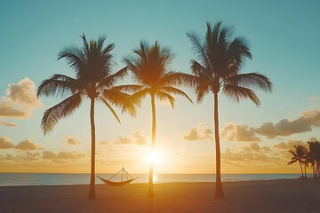 Obraz premium Tropical Sunrise Beach Hammock Illustration