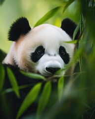 Fototapeta premium A close-up of a panda peeking through green bamboo leaves in a natural setting.