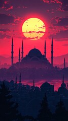 Sunset over a city with a prominent mosque, depicted in a stylized, almost minimalist, graphic art style.