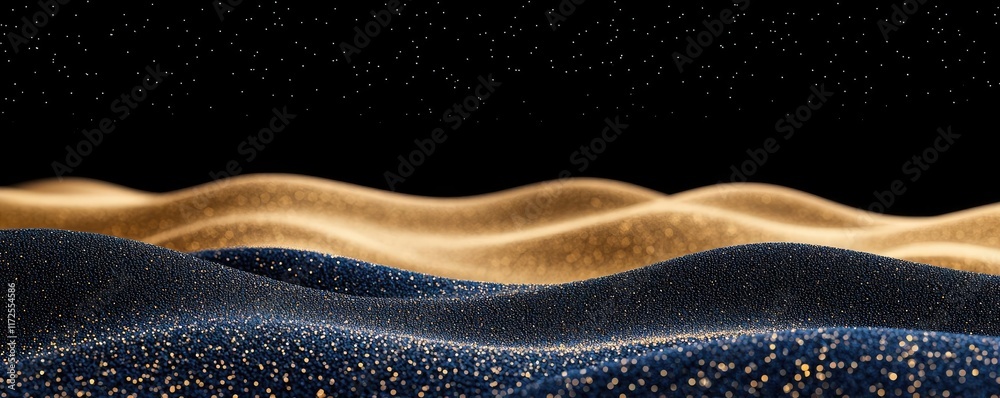 Poster glitter abstract background concept. an abstract landscape of shimmering waves in gold and blue agai