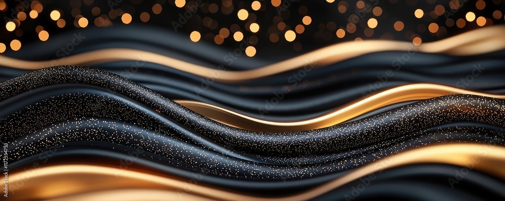 Poster glitter abstract background concept. stylish waves of black and gold with vibrant bokeh background c