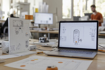 A detailed image of an innovative product prototype on a startup office desk. The prototype is surrounded by sketches, design blueprints, and a laptop with design software open. The background shows a