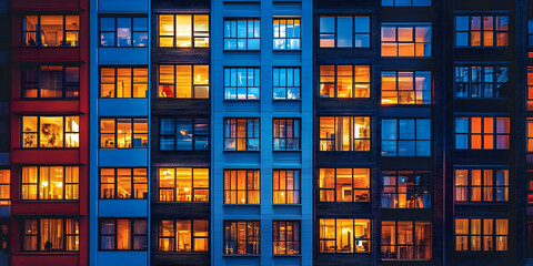 Illuminated apartment building windows at night.
