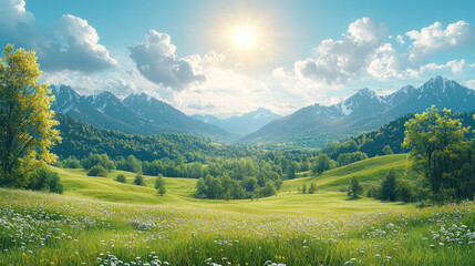 Fototapeta premium Sunny mountain valley meadow landscape with wildflowers, forest, and cloudy sky