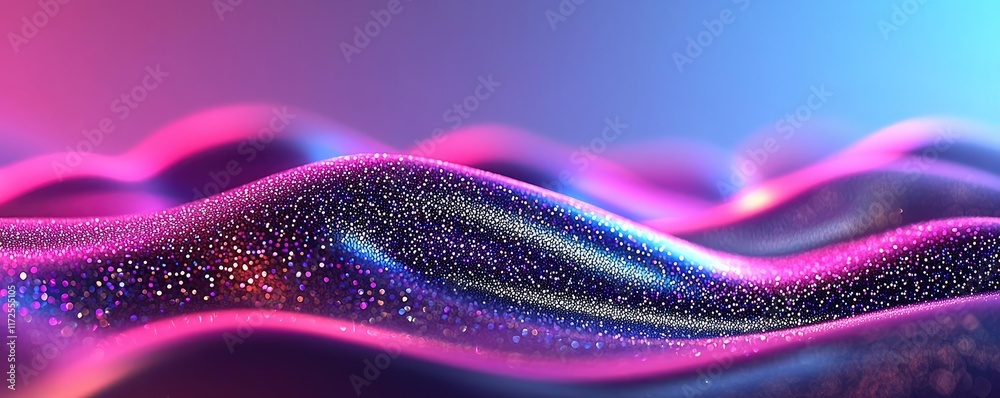 Poster Glitter abstract background concept. Colorful abstract waves with glitter elements creating a dynamic visual effect.