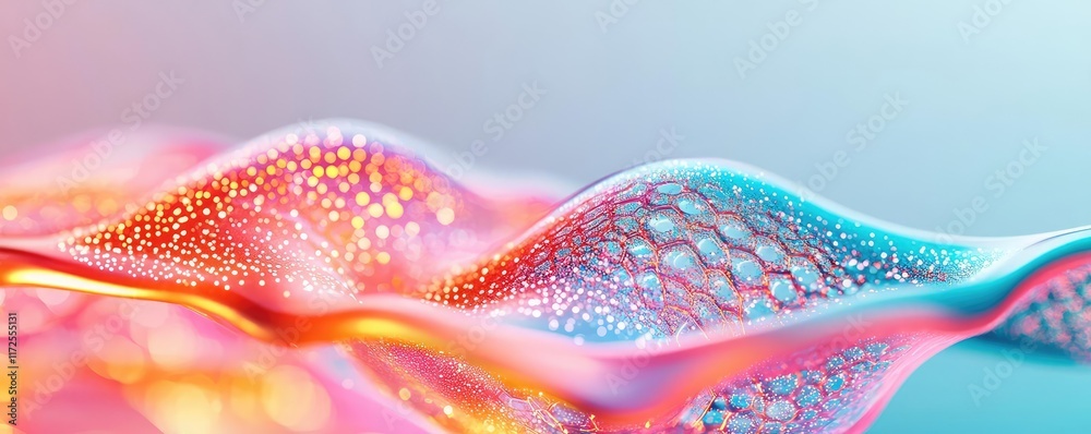 Poster Glitter abstract background concept. Abstract colorful waves with bubbles creating a vibrant, dreamy visual effect.