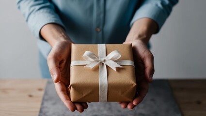 A close-up of hands giving a beautifully wrapped gift to another person. The scene conveys warmth, care, and symbolizes gratitude.